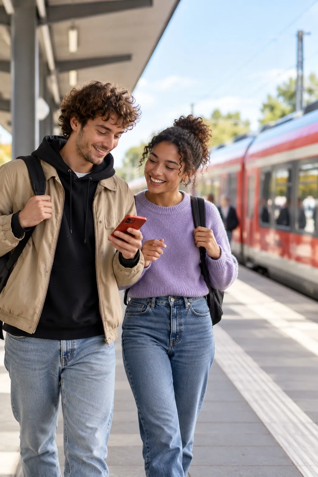 Zwei Menschen am Bahnsteig vor einem roten Regionalzug schauen gemeinsam auf ein Handy: das Bild des Magenta-Moments-Deals aus der MeinMagenta-App. Mit Hilfe von KI generiert.